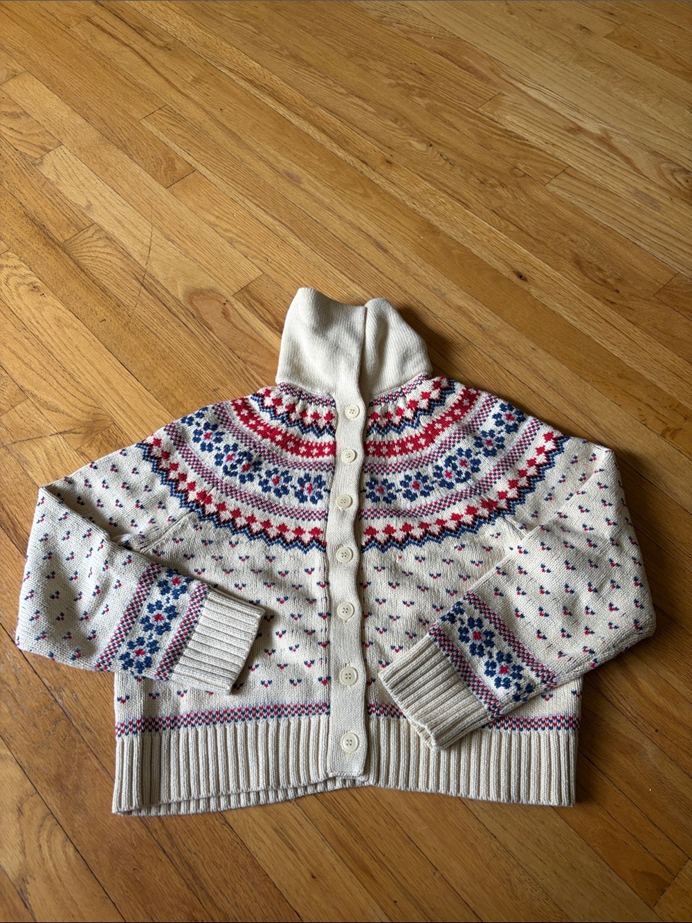 THE GREAT. Cream Knit Cardigan with Red & Blue Stripes Size 0
